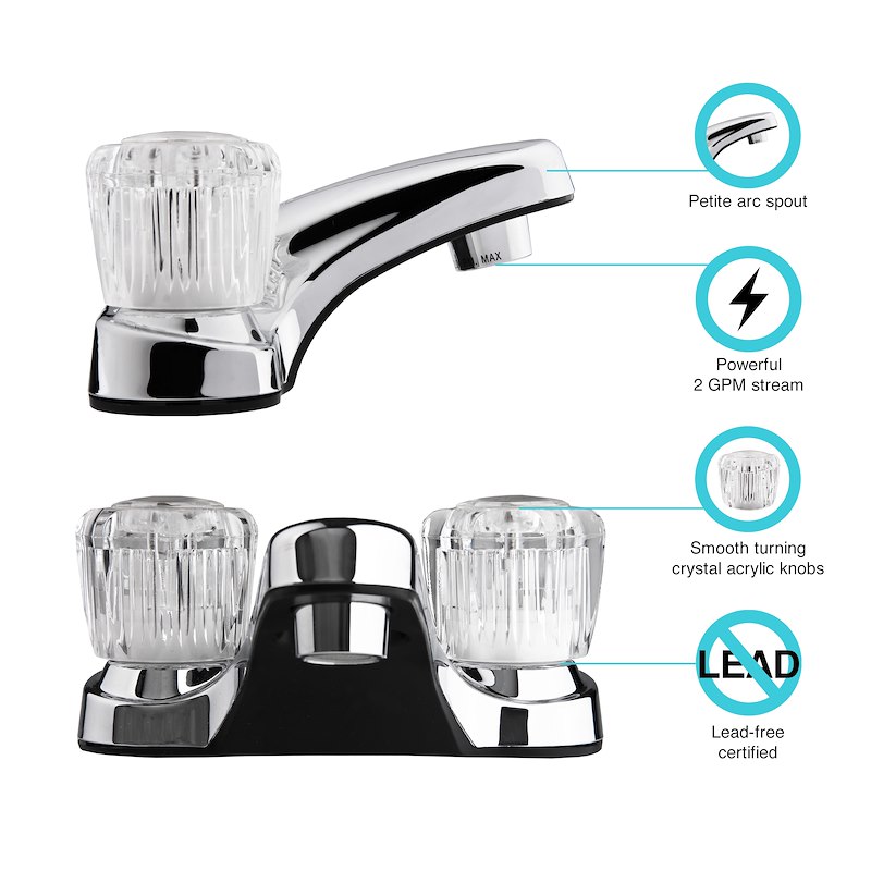 Lavatory Faucet, Single Piece 4 Inch Deck Mount, 2 Clear Crystal Acrylic Knob Handle, Chrome Plated/ Plastic
