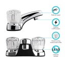 Lavatory Faucet, Single Piece 4 Inch Deck Mount, 2 Clear Crystal Acrylic Knob Handle, Chrome Plated/ Plastic