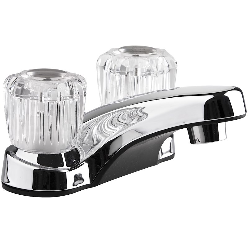 Lavatory Faucet, Single Piece 4 Inch Deck Mount, 2 Clear Crystal Acrylic Knob Handle, Chrome Plated/ Plastic