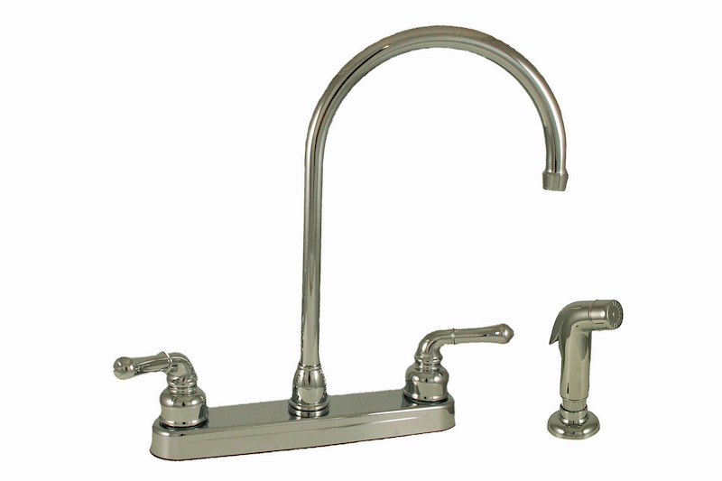 Kitchen Faucet,Single Piece 8" Deck-Mount; Gooseneck Spout; 2 Teapot Handle, W/ Sprayer,  Chrome Plated/ Plastic